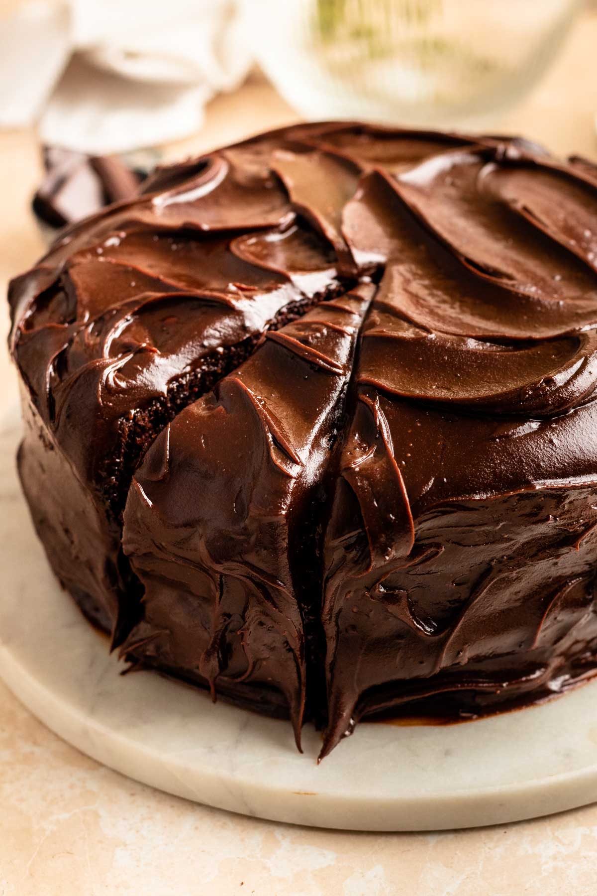 Sliced Matilda chocolate cake.