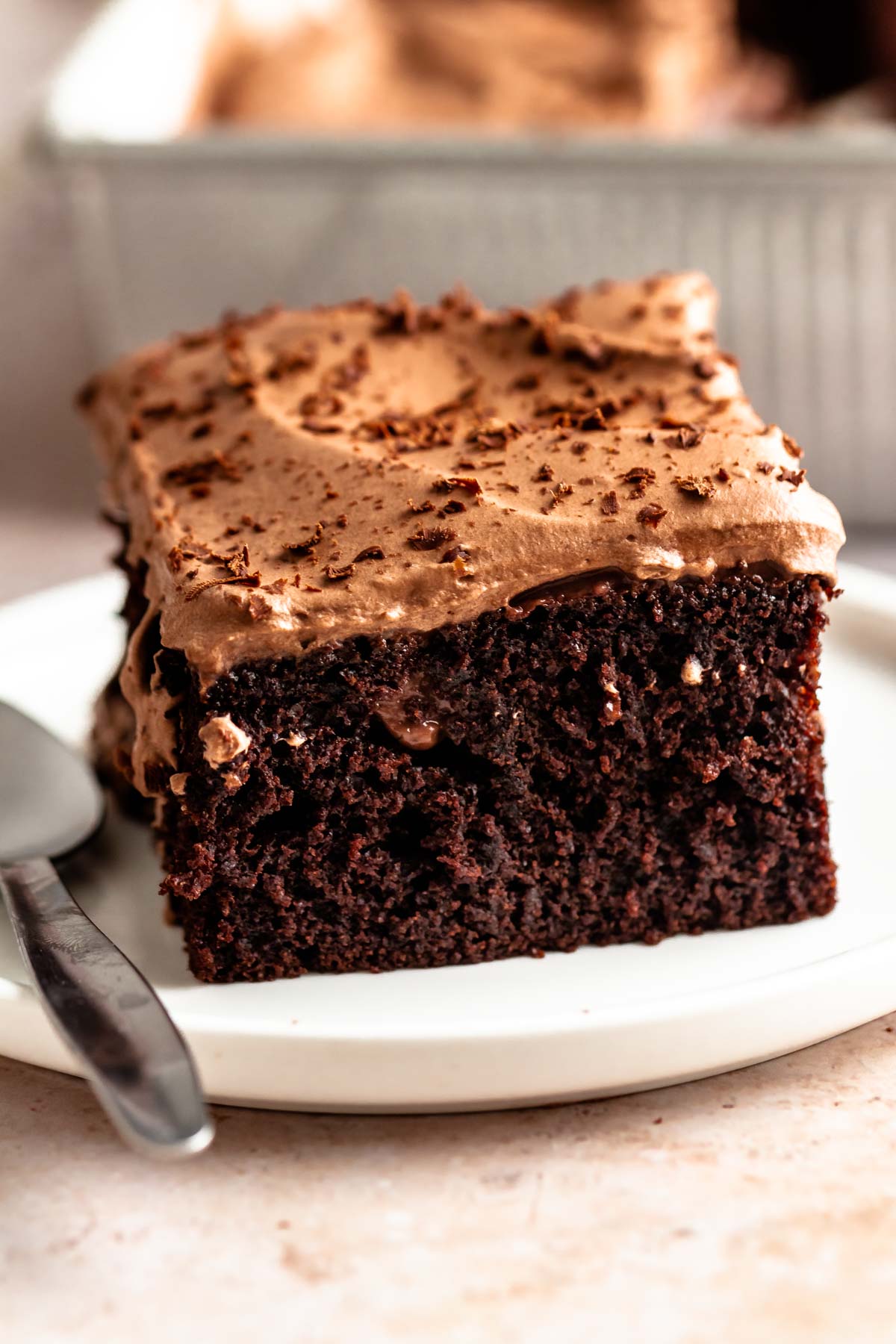 Close up shot of chocolate poke cake.