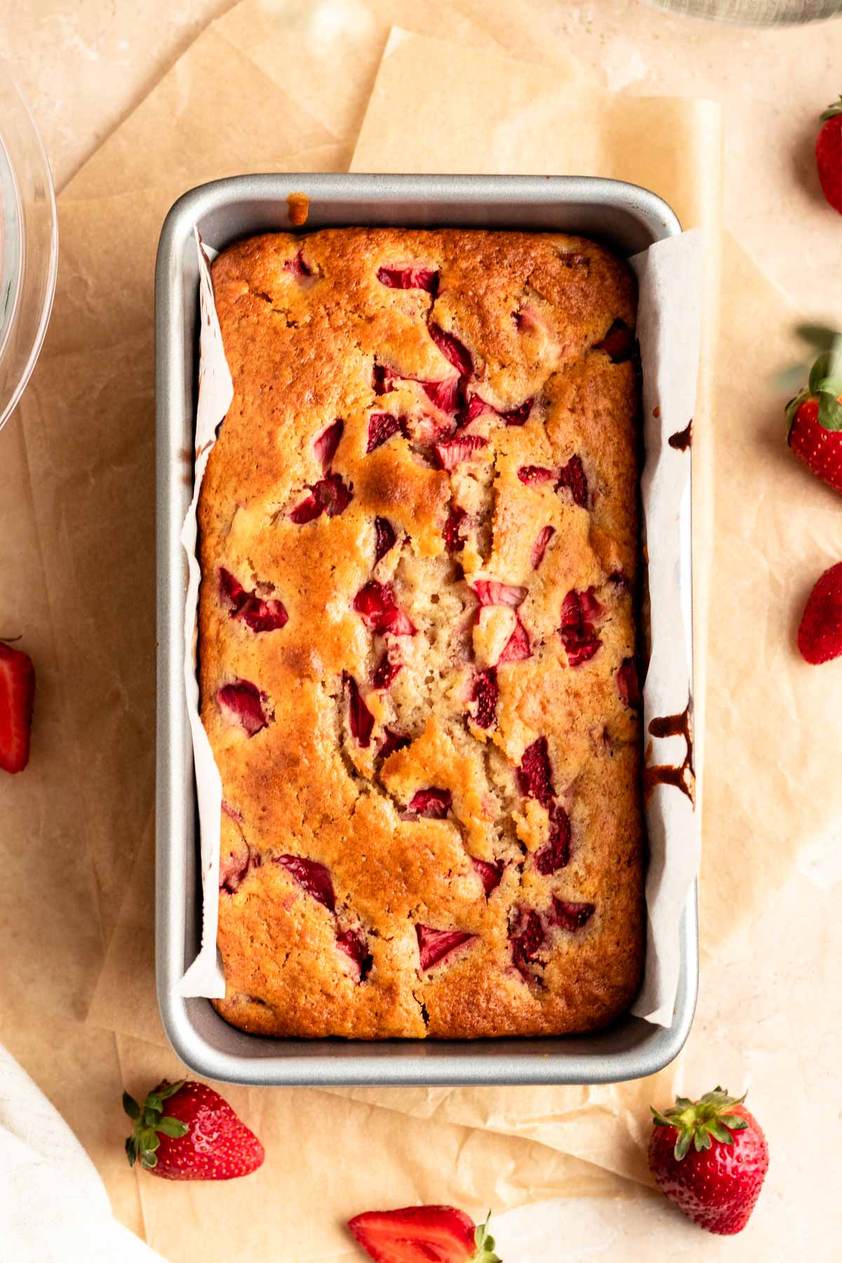 Baked strawberry loaf in a pan.