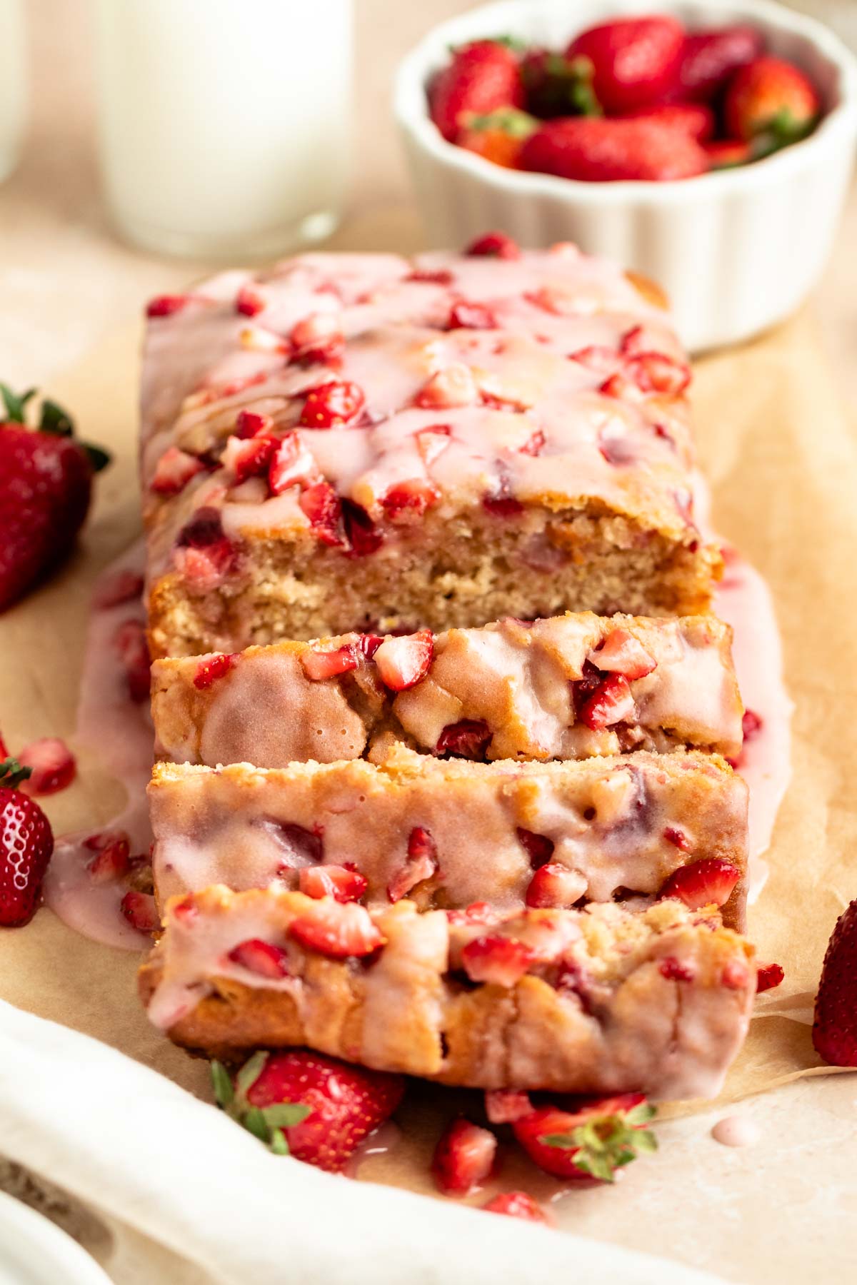 Sliced fresh strawberry bread.