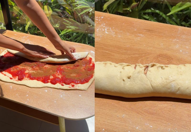Strawberry cinnamon rolls process shots.