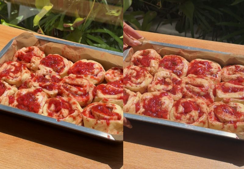 Strawberry cinnamon rolls process shots.