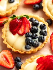 Close up of mini fruit tarts.
