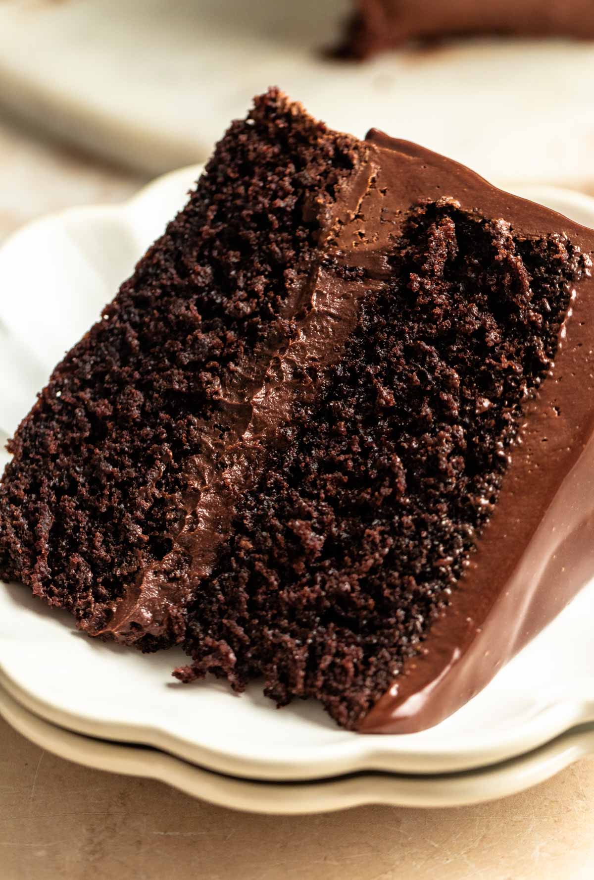 Close up shot of a slice of ganache cake.