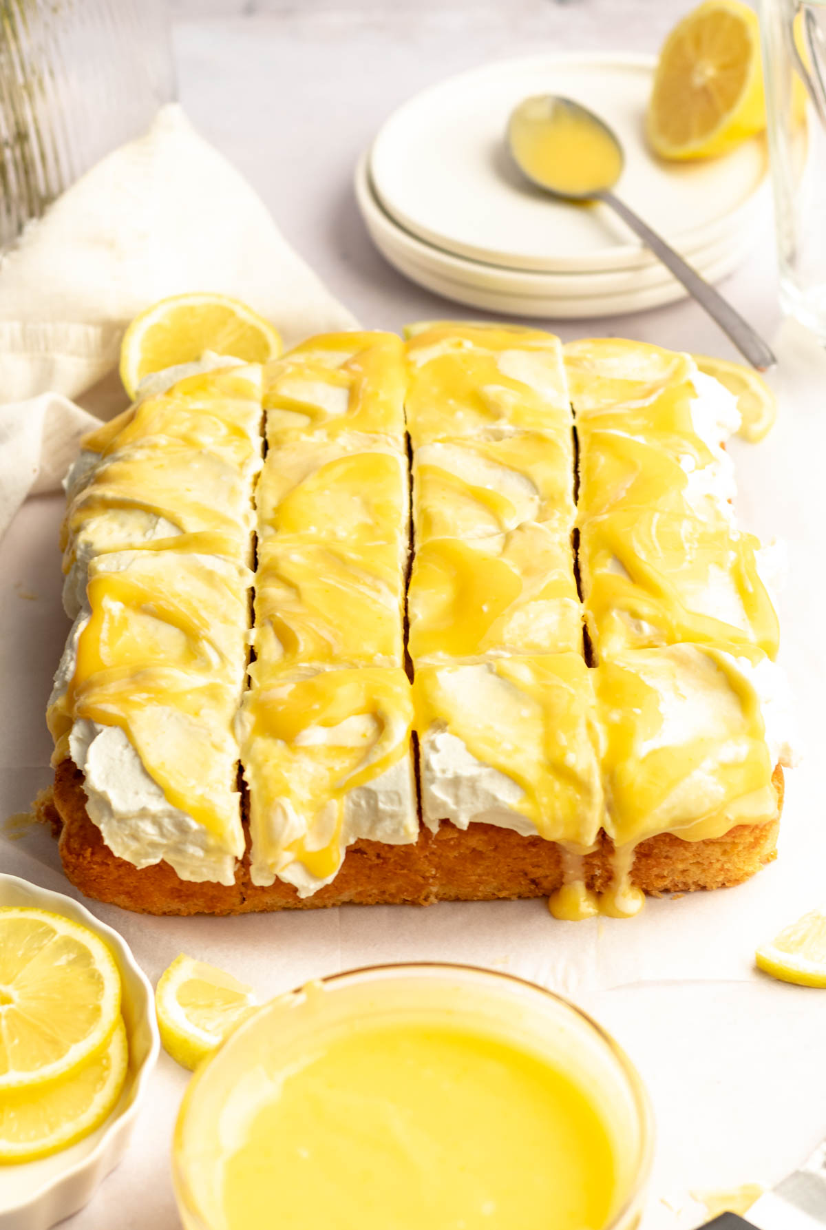 Limoncello cake with lemon curd on top.