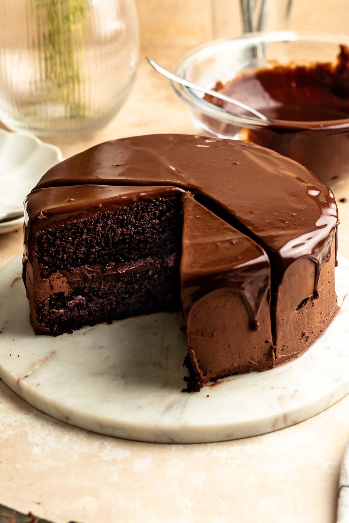 Chocolate ganache cake sliced open.