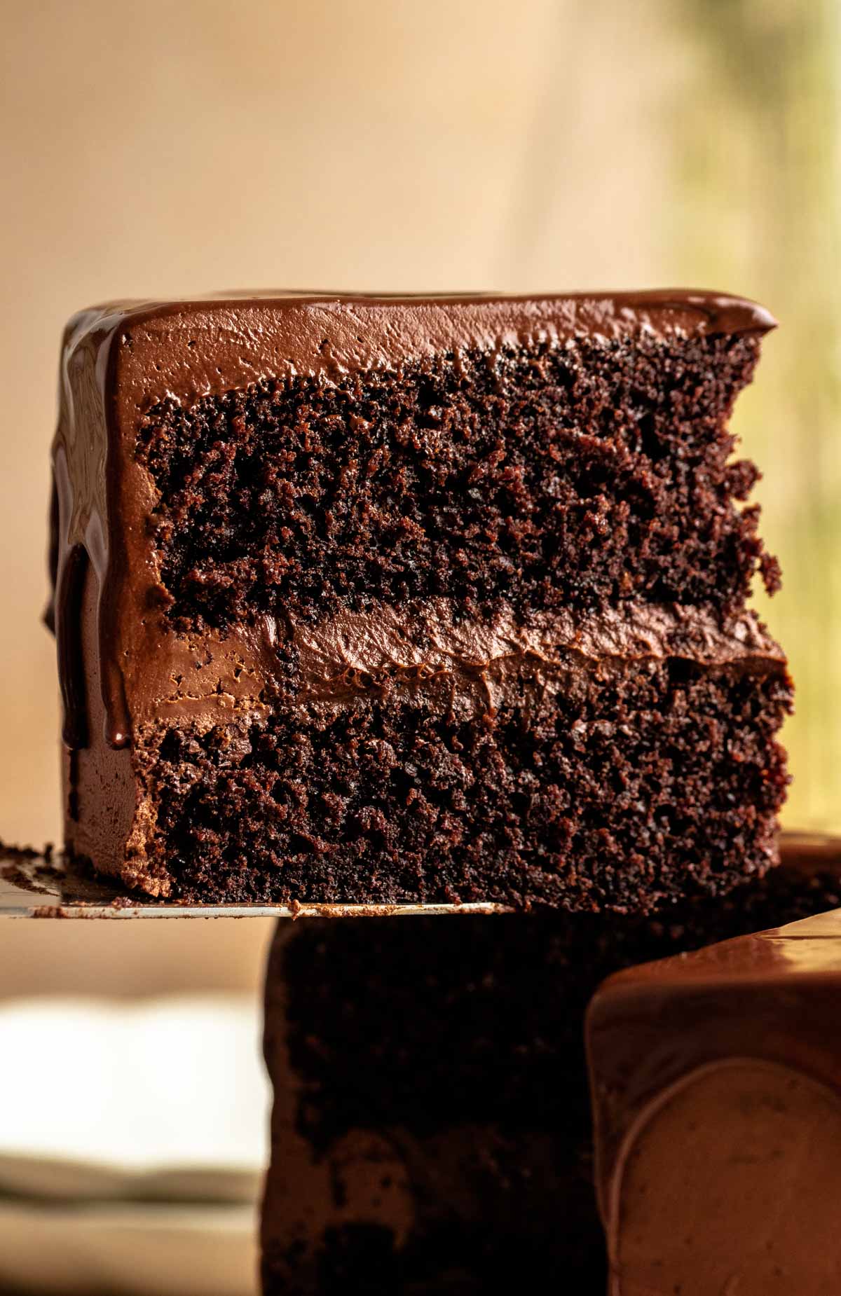 Slice of chocolate ganache cake lifted away from the cake.