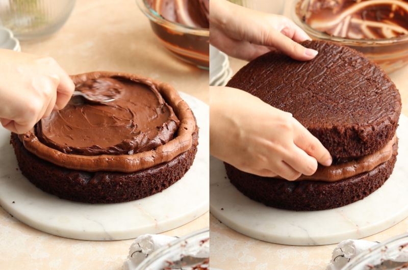 Pastry chef puts cake layer on a cake. Making cake process Stock Photo -  Alamy