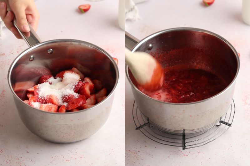 Strawberry cake filling process shots.