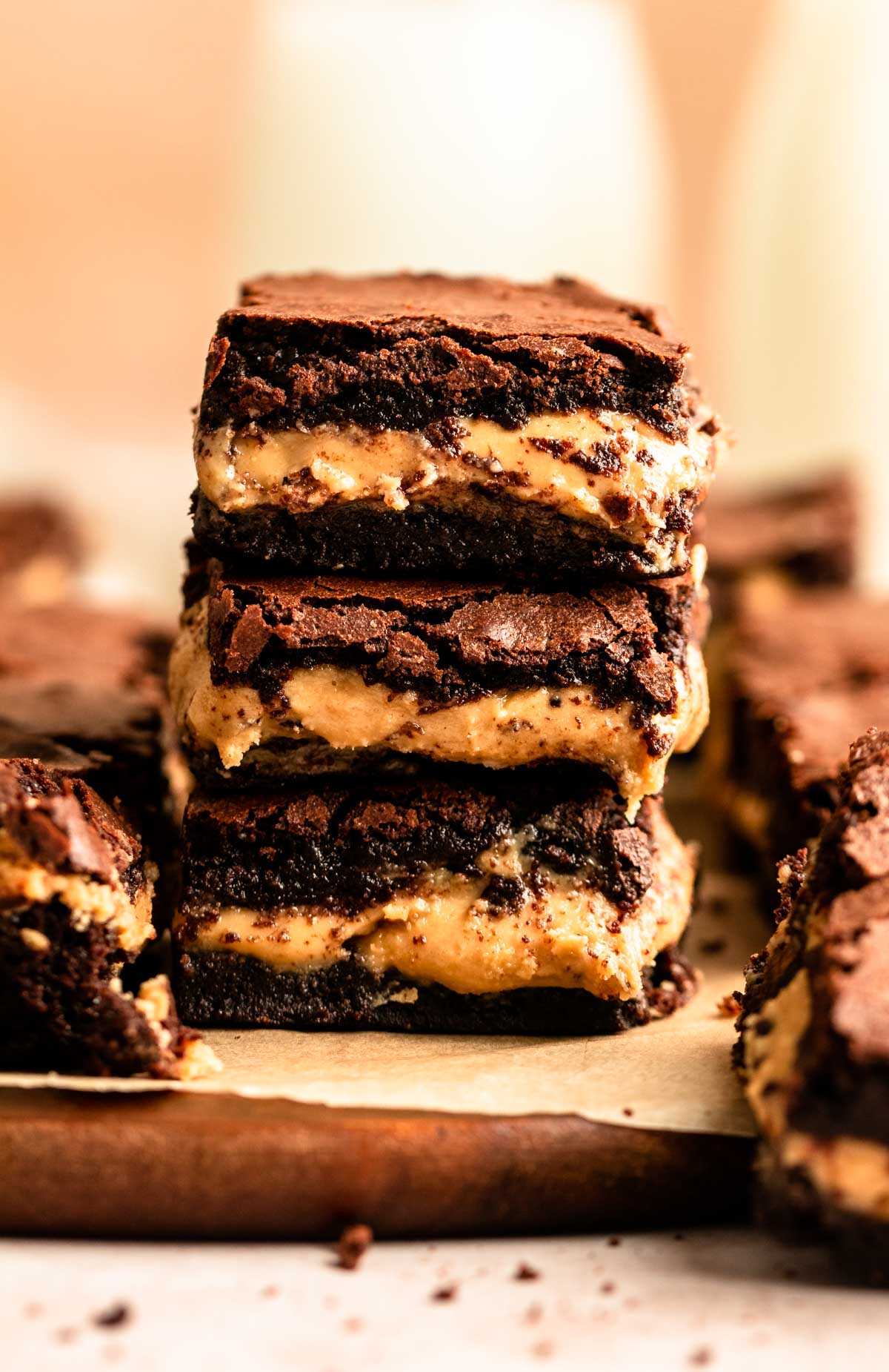 Stack of peanut butter brownies.