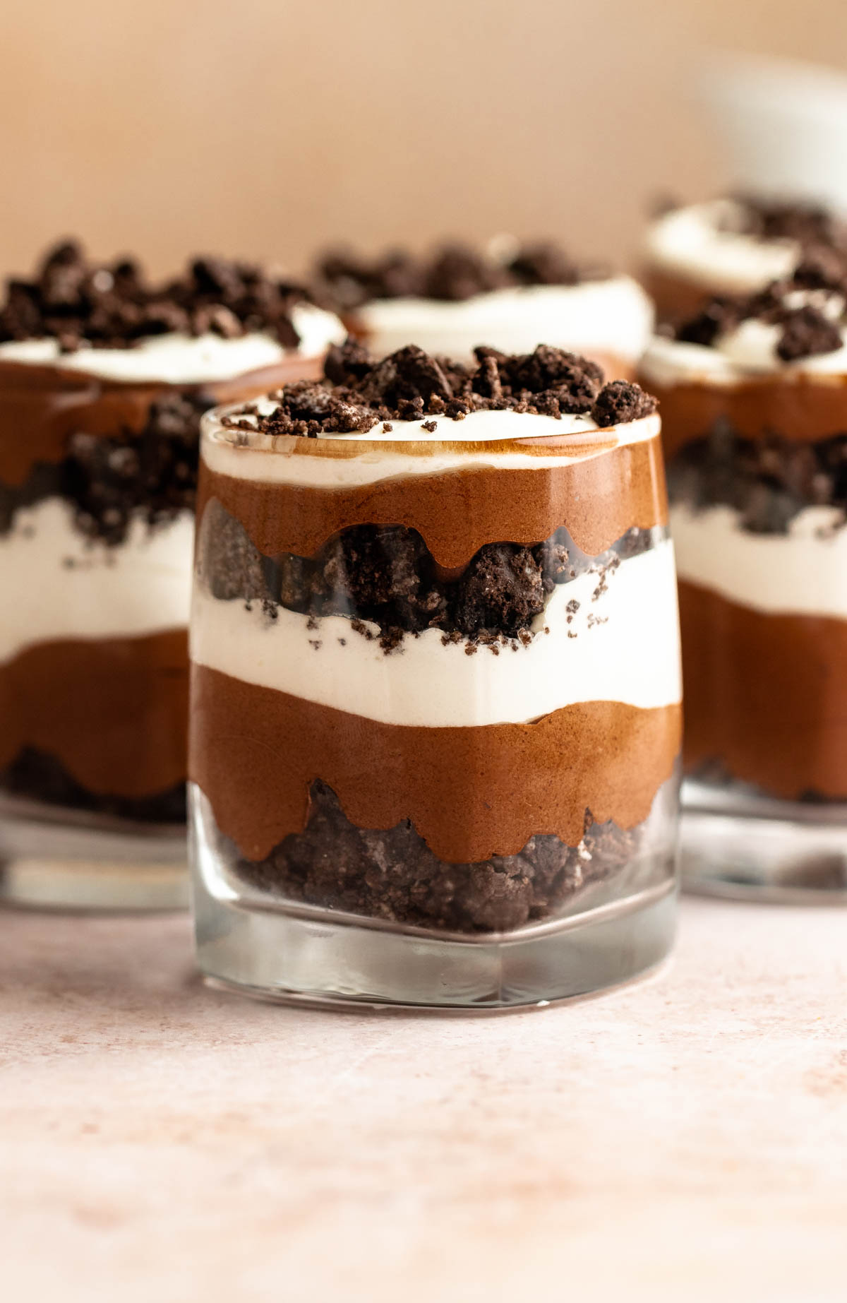 Close up shot of chocolate parfait in a cup.