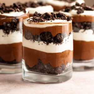 Close up shot of chocolate parfait in a cup.