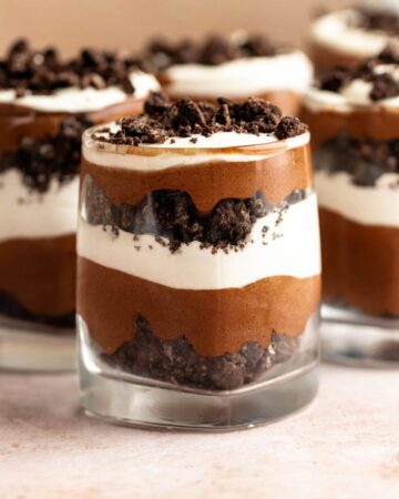 Close up shot of chocolate parfait in a cup.