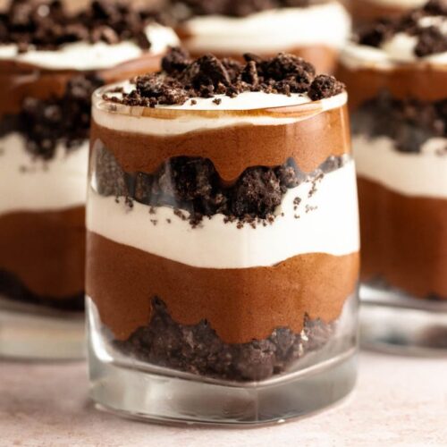 Close up shot of chocolate parfait in a cup.