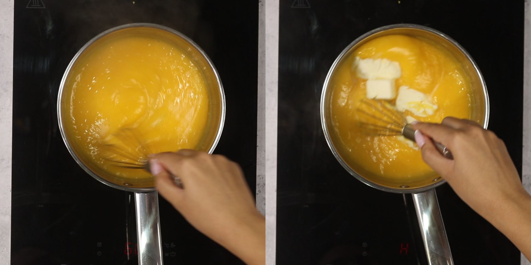 Butter is added to lemon curd.