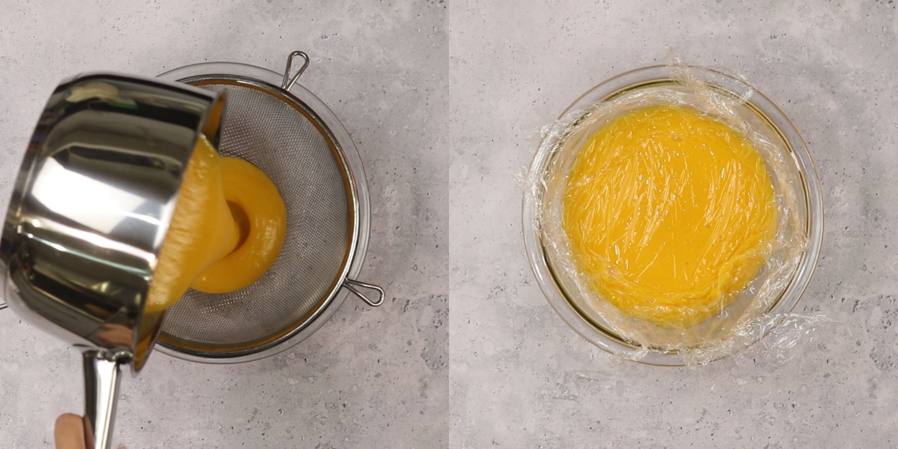 Lemon curd is being strained.