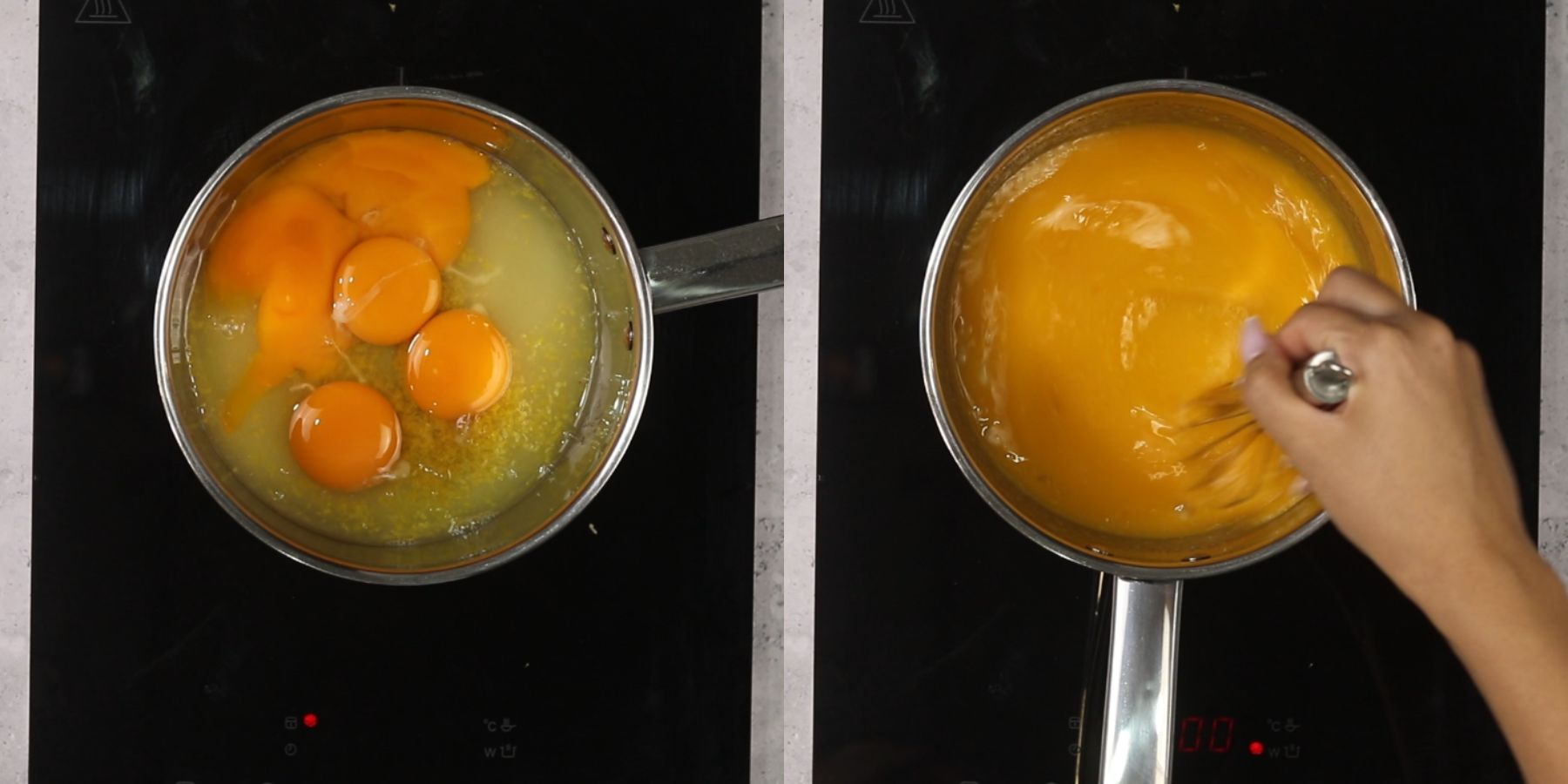 Lemon curd is being made in a saucepan.