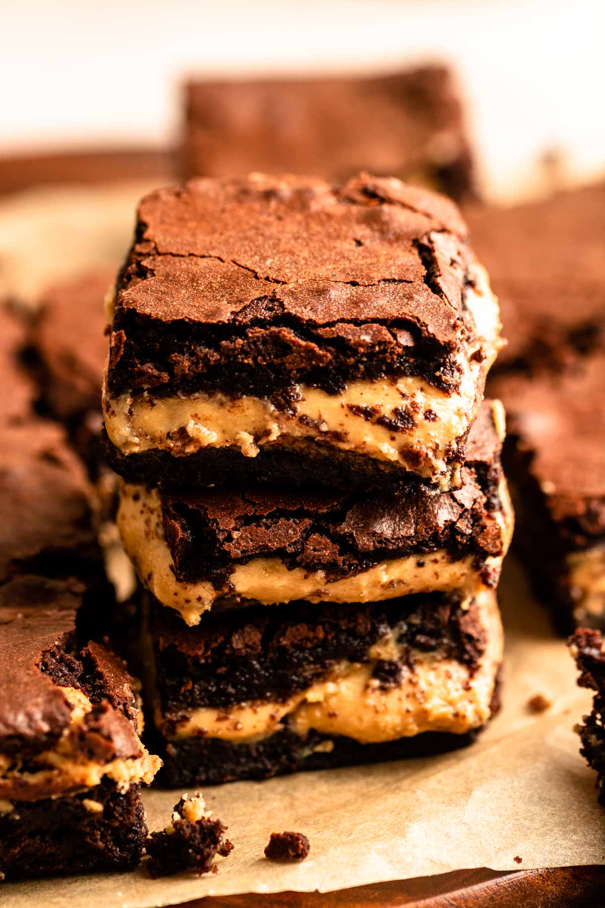 Chocolate peanut butter brownies on a parchment paper.