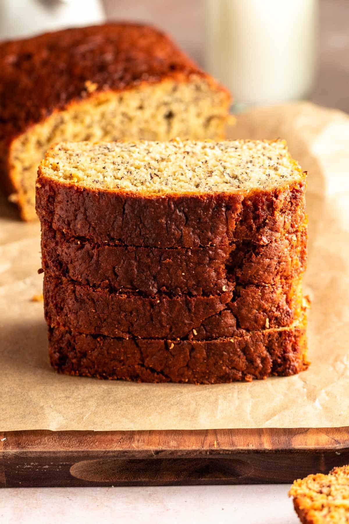 Stack of slices of 3 ingredient banana bread.