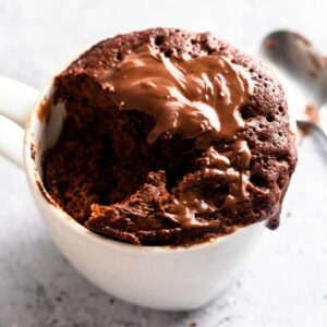 Close up shot of a 3 ingredient chocolate mug cake.