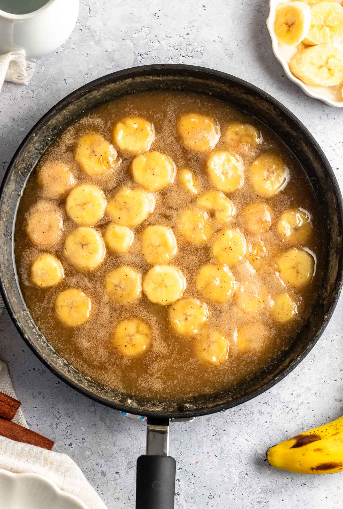 Top of bananas foster topping in a pan.