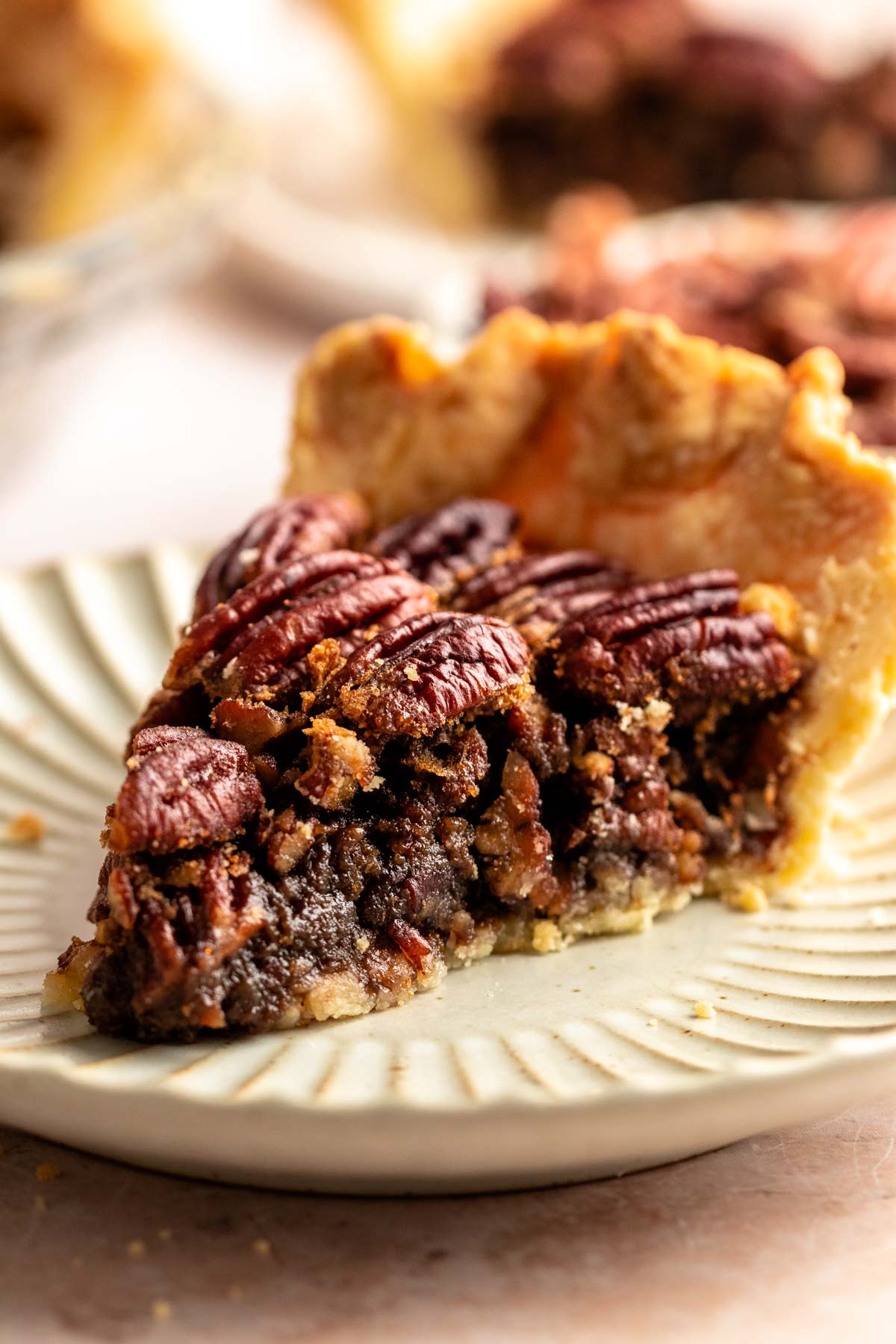 Close up shot of a pecan pie with no corn syrup.