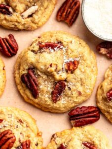 Close up shot of coconut pecan cookies.