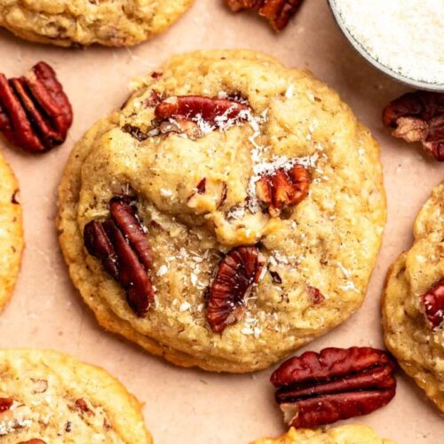 Close up shot of coconut pecan cookies.