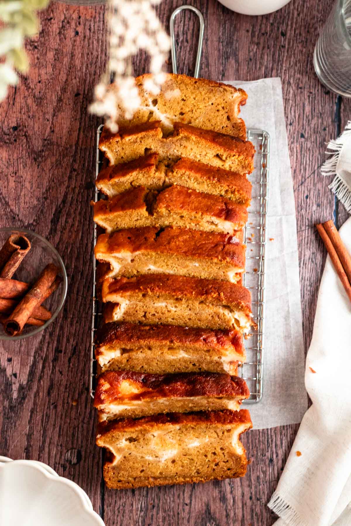 Top of slices of pumpkin cream cheese bread.