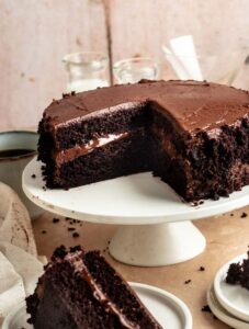 Chocolate Brooklyn blackout cake sliced open.