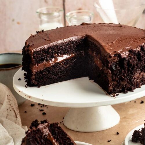 Chocolate Brooklyn blackout cake sliced open.