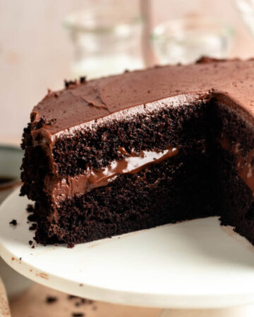 Close up shot of blackout cake sliced open.