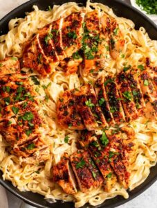 Top of blackened chicken Alfredo.