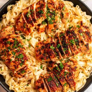 Top of blackened chicken Alfredo.