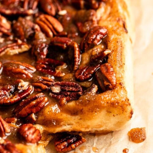 Close up shot of pecan sticky buns.