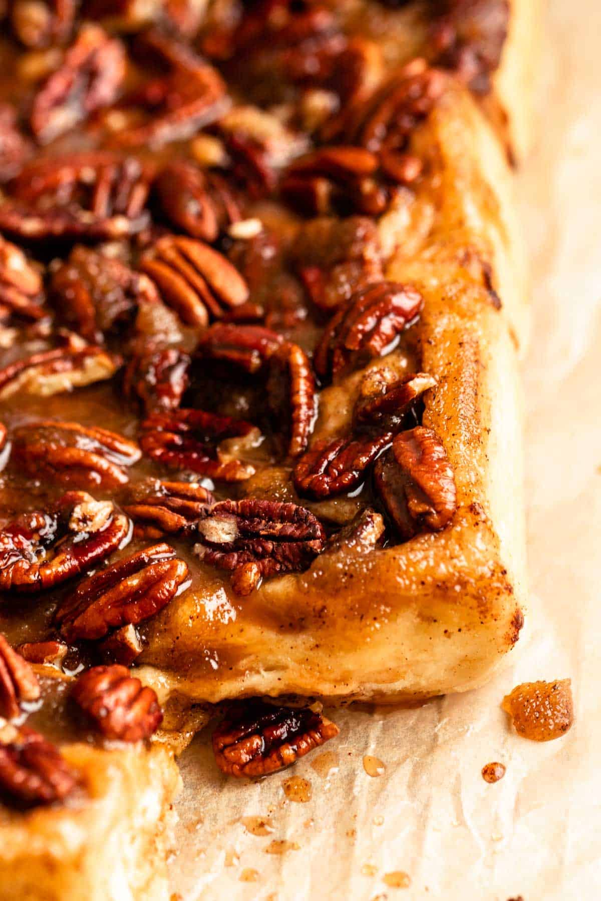 Close up shot of pecan sticky buns.