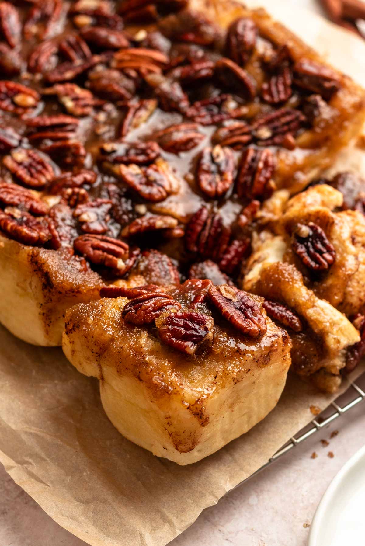 Close up shot of pecan sticky buns.