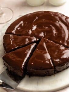 Sliced almond flour chocolate cake.