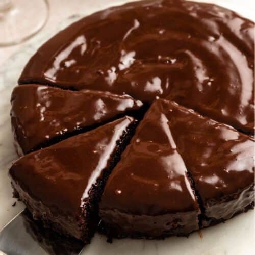 Sliced almond flour chocolate cake.