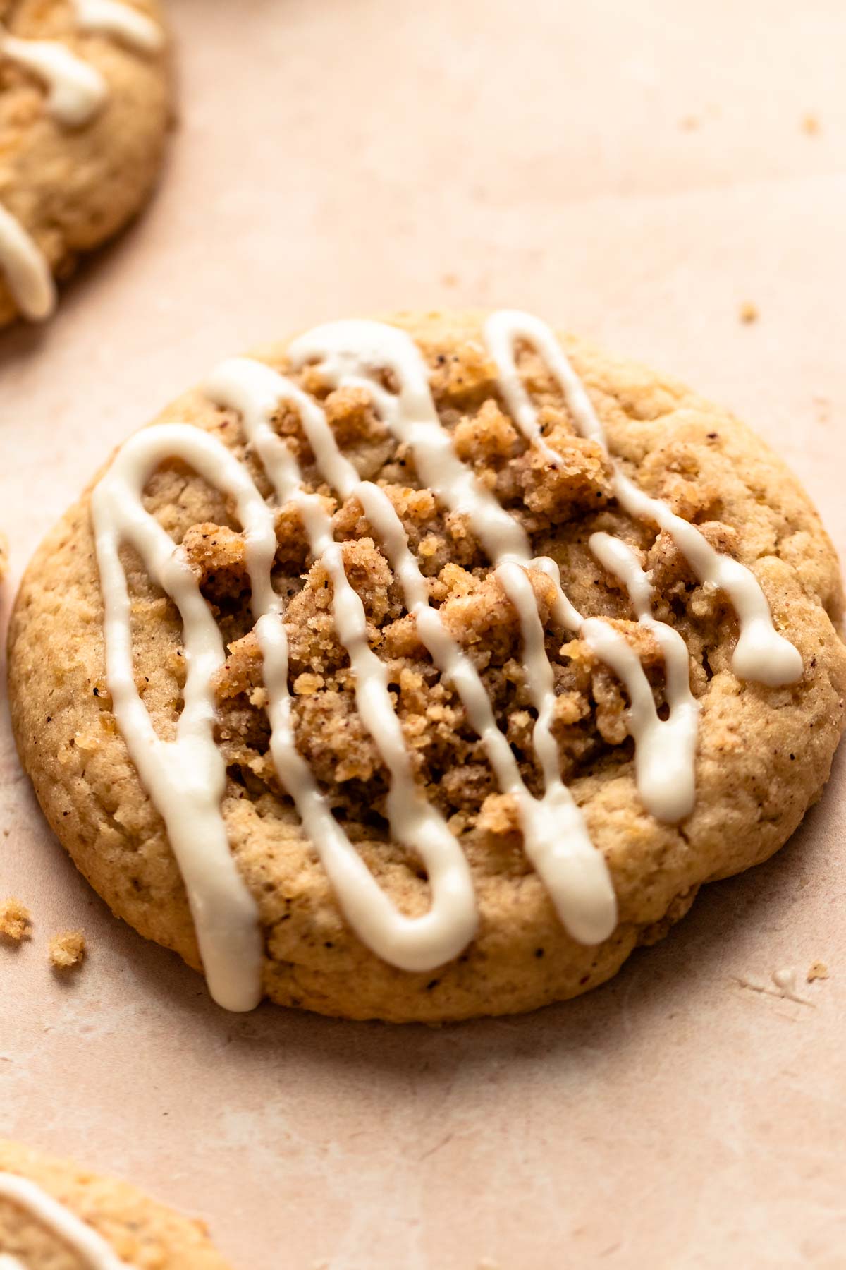 Close up of coffee cake cookies with cream cheese glaze.