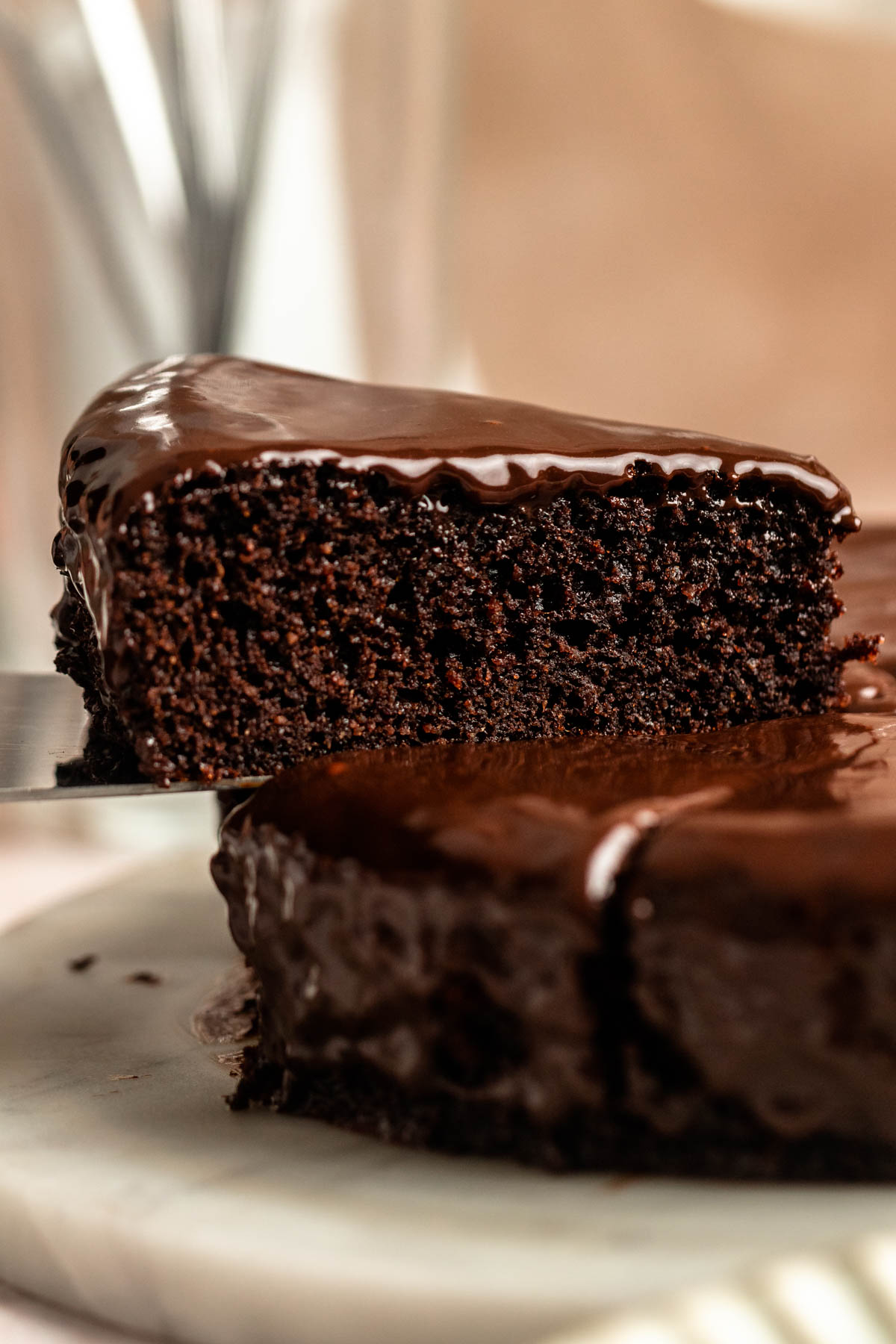 Close up shot of a slice of almond flour chocolate cake.