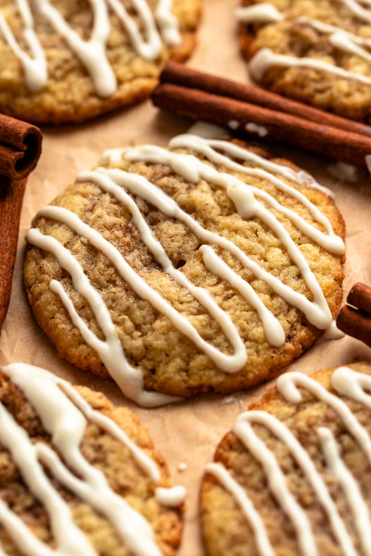 Close up shot of cinnamon roll cookies.