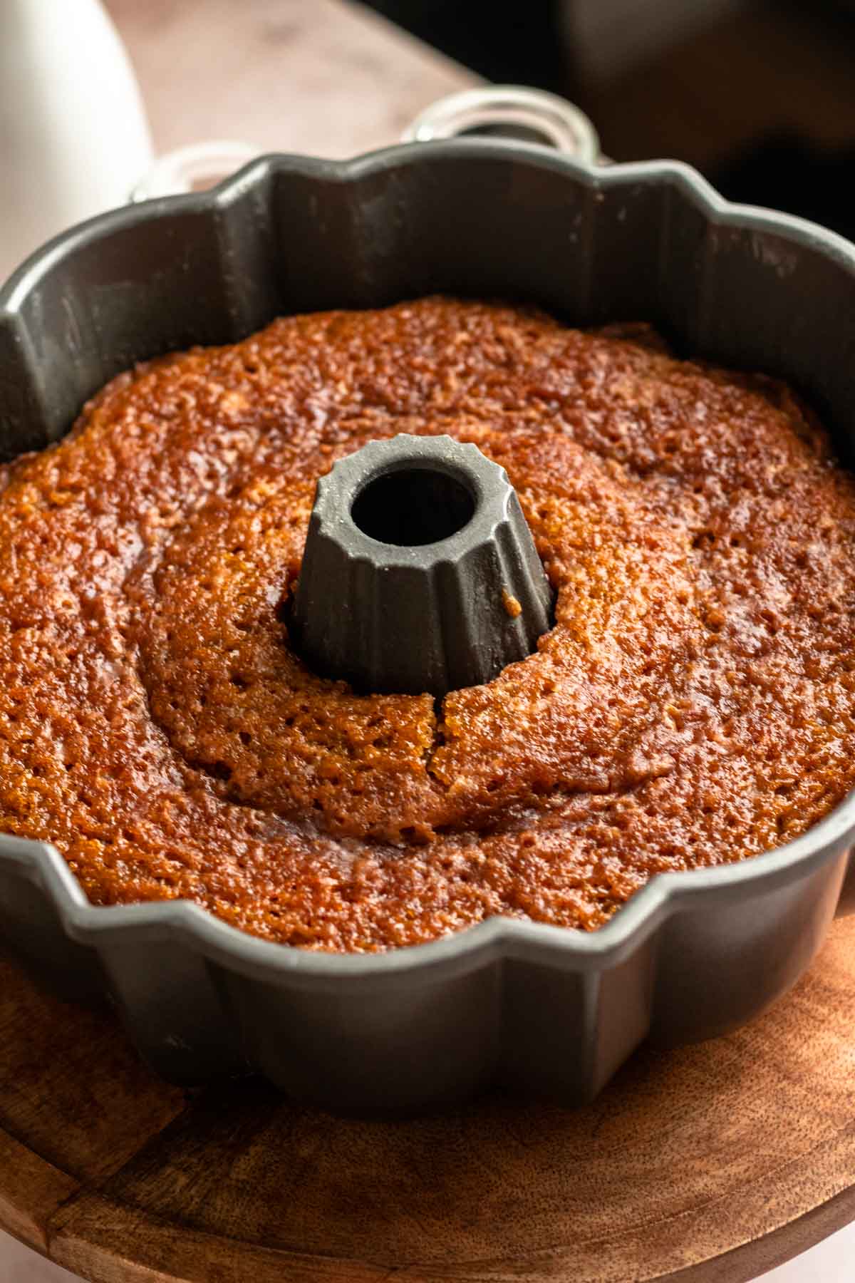 Close up shot of a crack cake inside the pan.