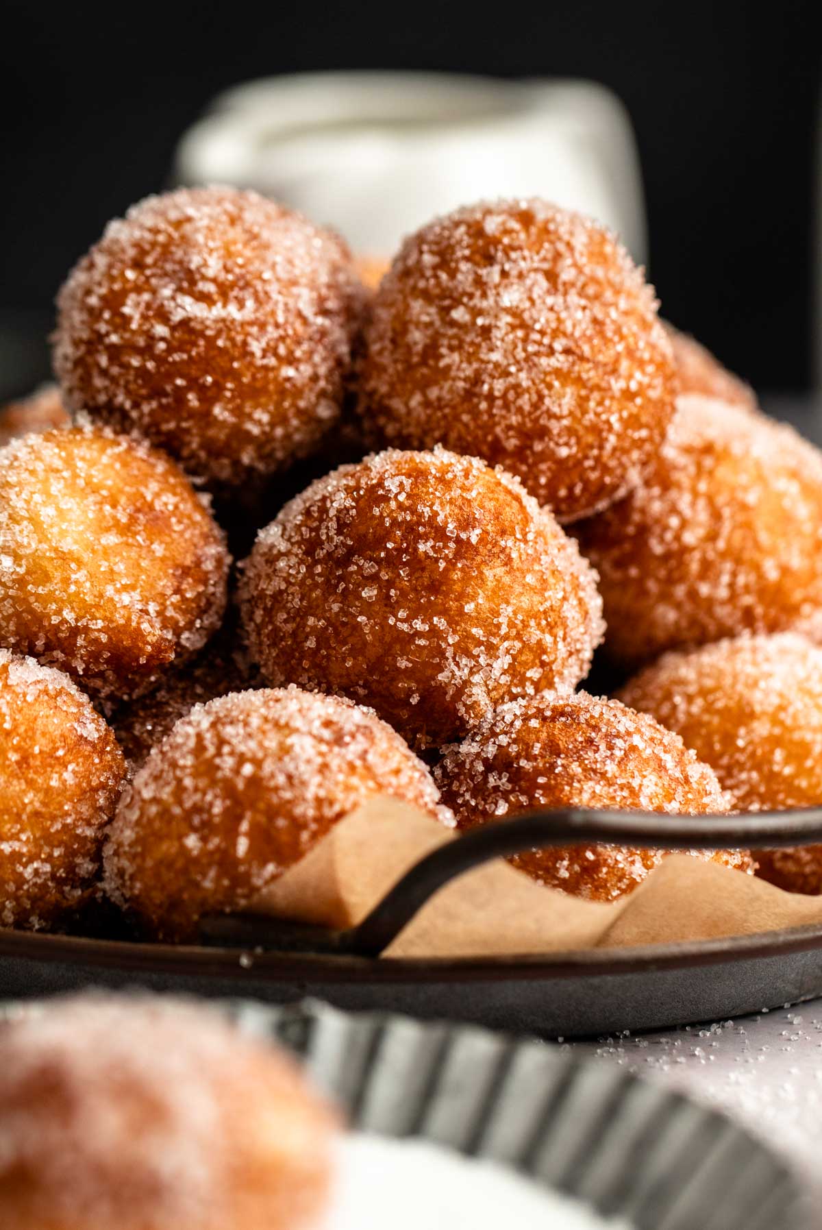 Close up shot of a pile of doughnut holes without yeast.