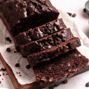 Chocolate bread sliced on a parchment paper.