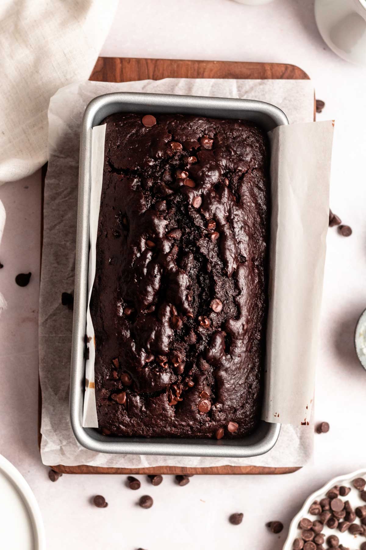 Top of chocolate bread in a pan.