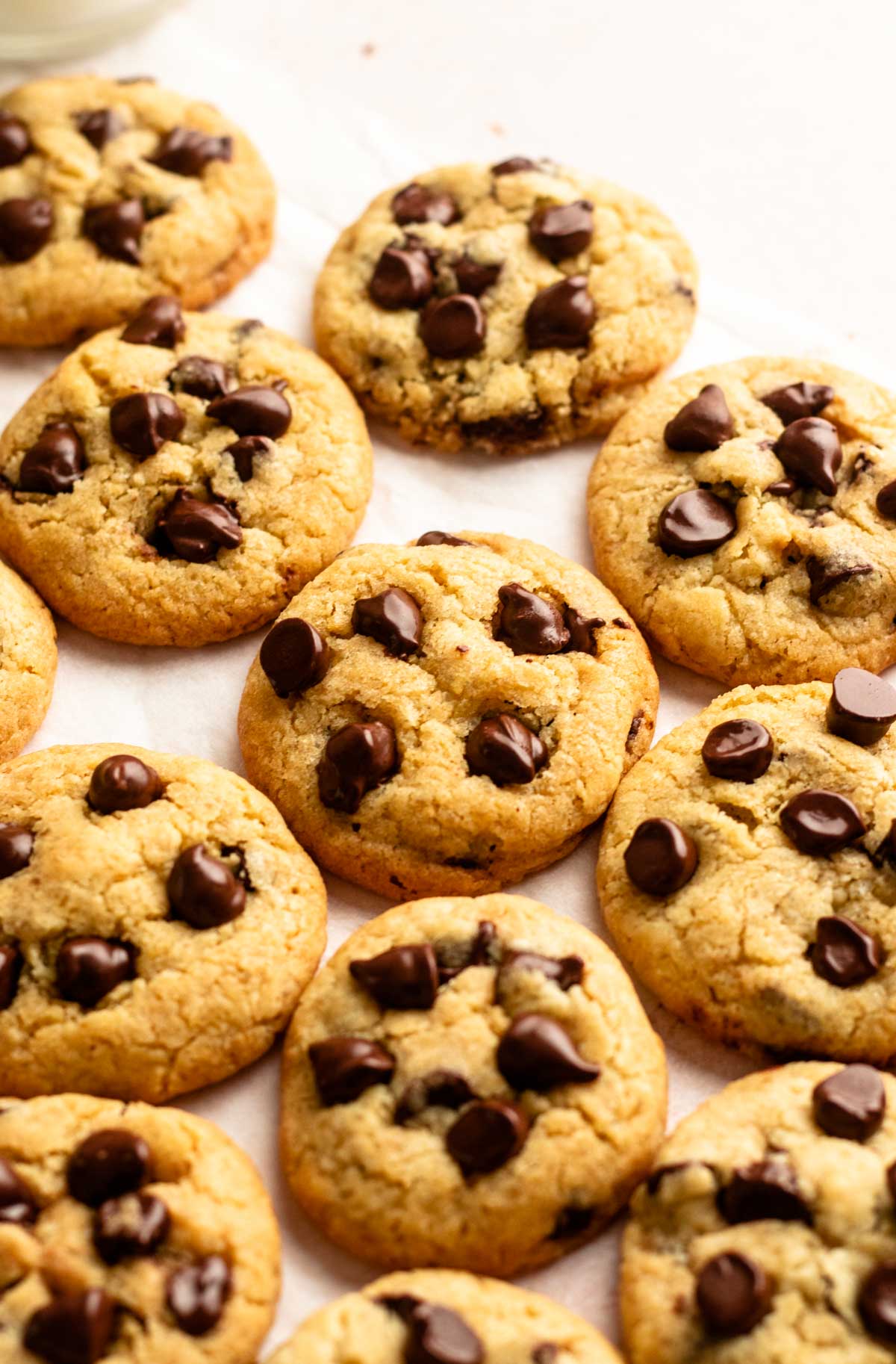 Mini chocolate chip cookies on a parchment paper.