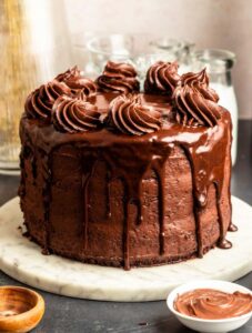 Nutella cake on a cake plate.