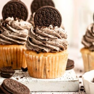 Close up shot of Oreo cupcakes with oreo frosting.