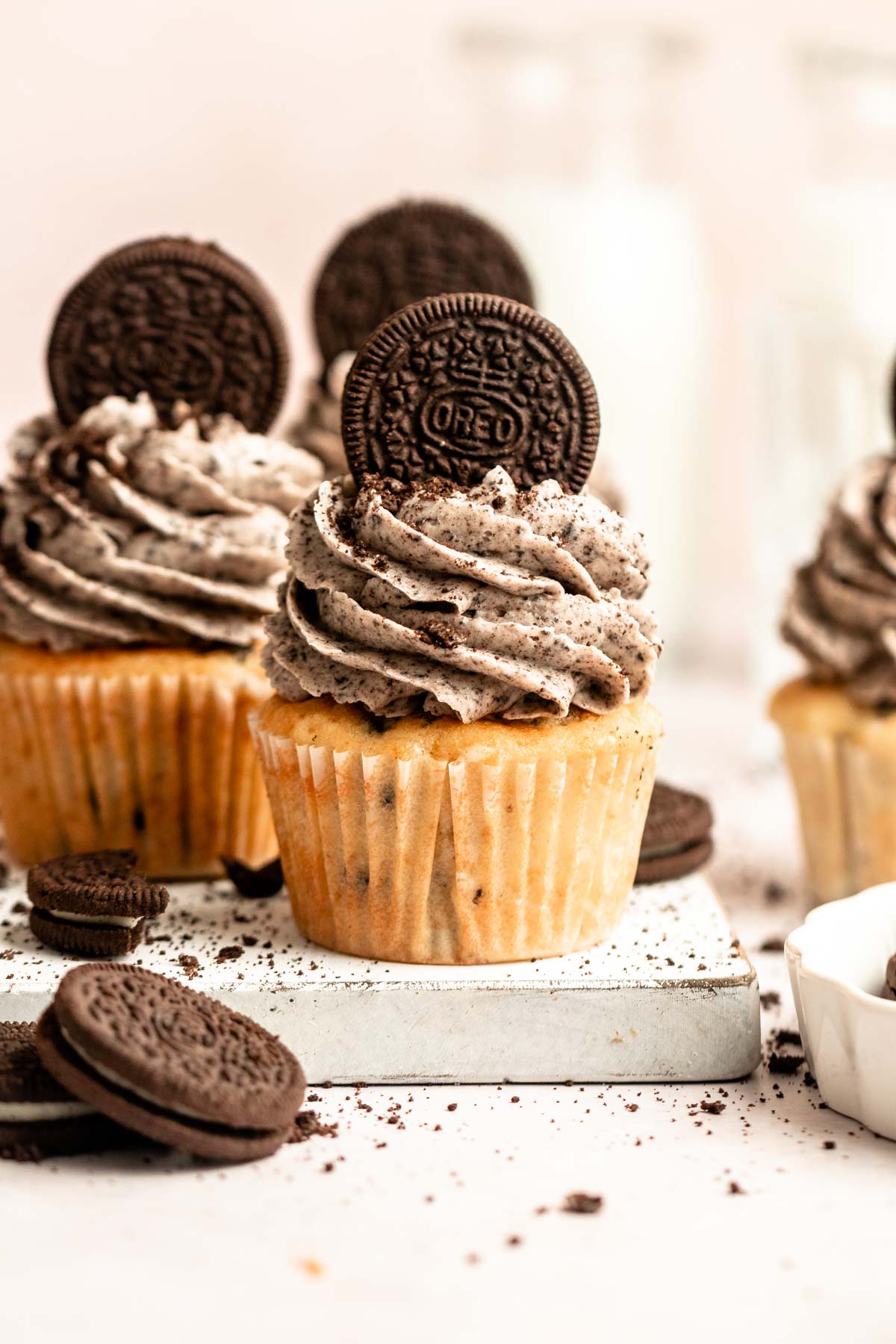 Close up shot of Oreo cupcakes with oreo frosting.